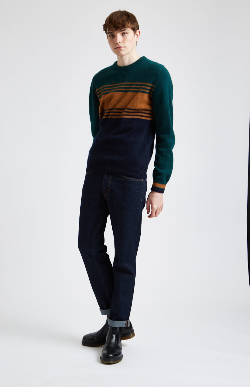 Round Neck Brushed Lambswool Jumper in Evergreen Stripe on model full length - Pringle of Scotland