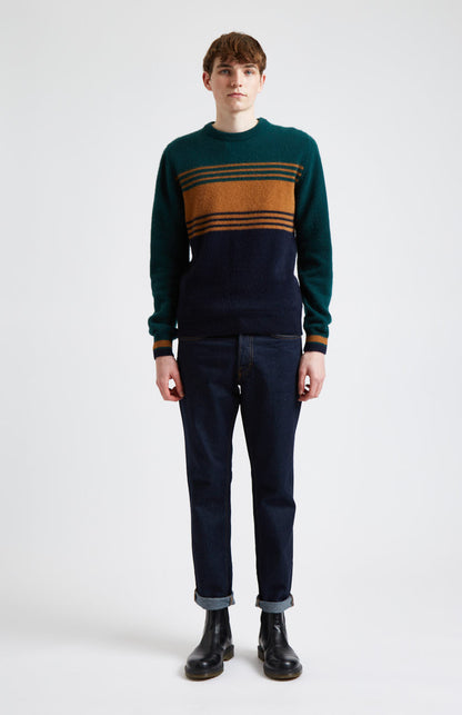 Round Neck Brushed Lambswool Jumper in Evergreen Stripe on male model - Pringle of Scotland