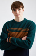 Round Neck Brushed Lambswool Jumper in Evergreen Stripe from close up- Pringle of Scotland