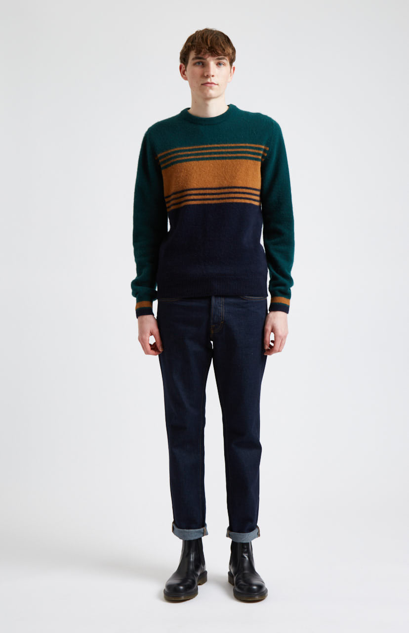 Round Neck Brushed Lambswool Jumper in Evergreen Stripe on male model - Pringle of Scotland