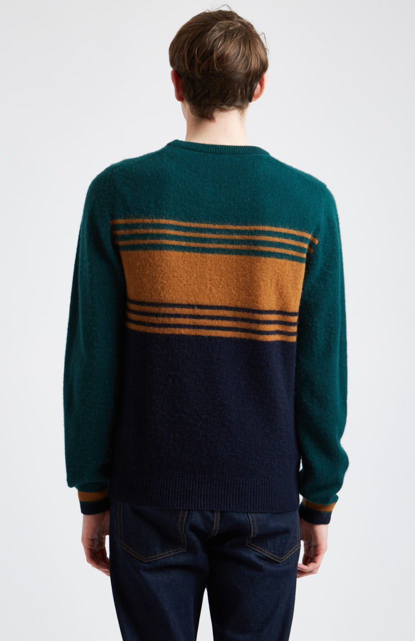 Round Neck Brushed Lambswool Jumper in Evergreen Stripe rear view - Pringle of Scotland