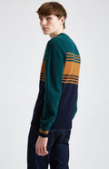 Round Neck Brushed Lambswool Jumper in Evergreen Stripe side view- Pringle of Scotland