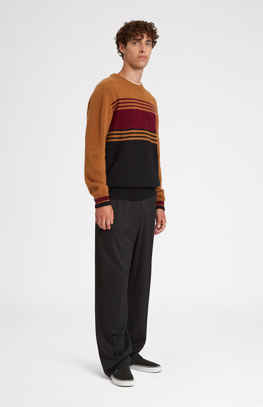 Round Neck Brushed Lambswool Jumper in Vicuna Stripe on model side view - Pringle of Scotland