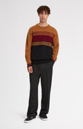 Round Neck Brushed Lambswool Jumper in Vicuna Stripe on male model full length - Pringle of Scotland