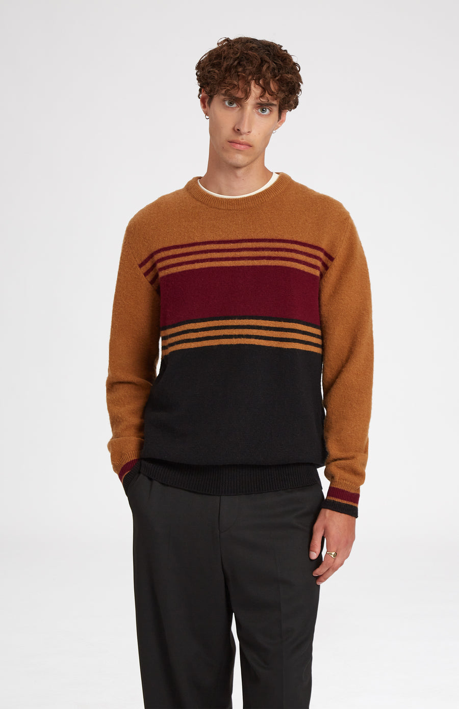 Round Neck Brushed Lambswool Jumper in Vicuna Stripe - Pringle of Scotland