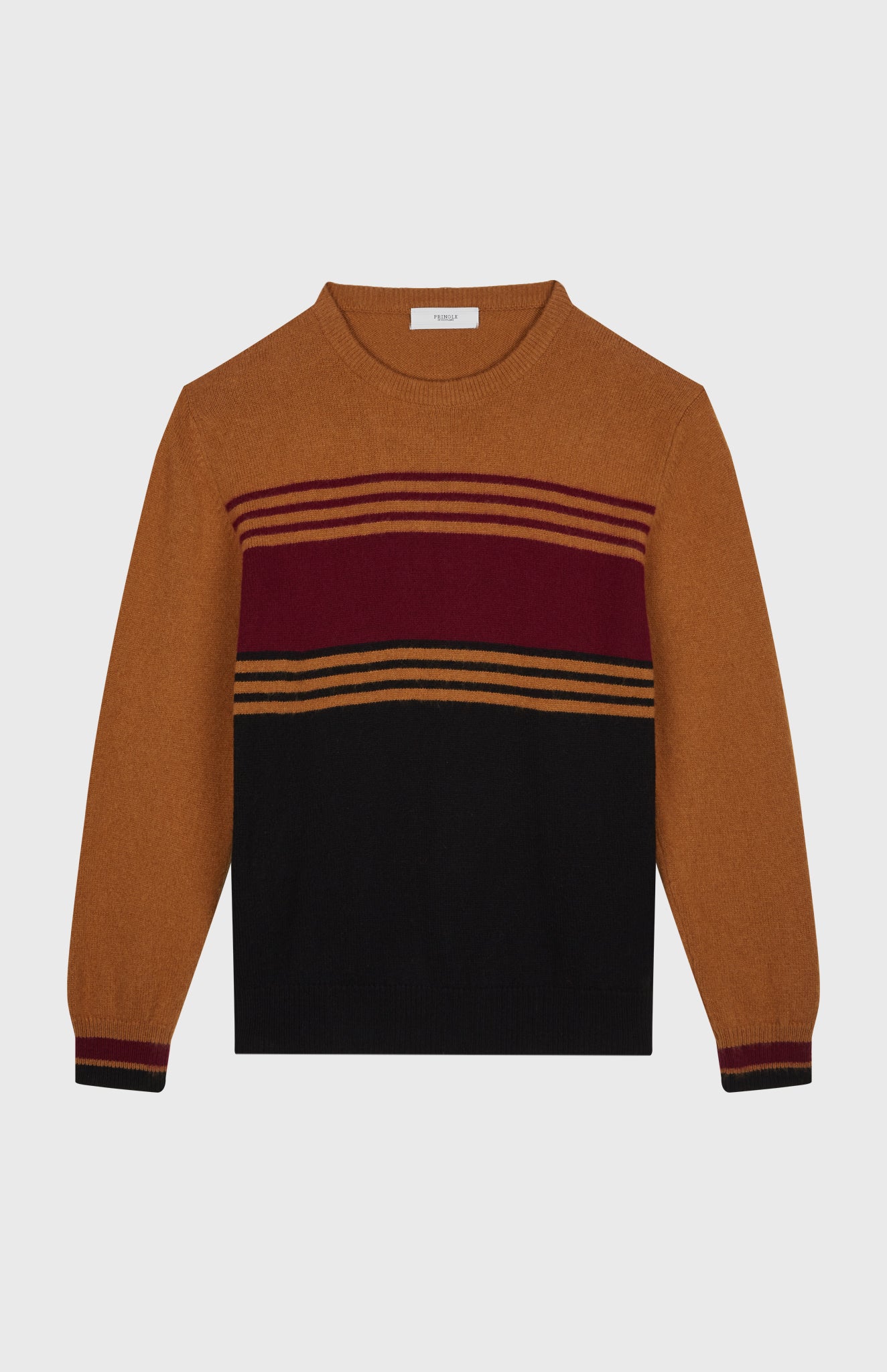 Round Neck Brushed Lambswool Jumper in Vicuna Stripe flat shot - Pringle of Scotland