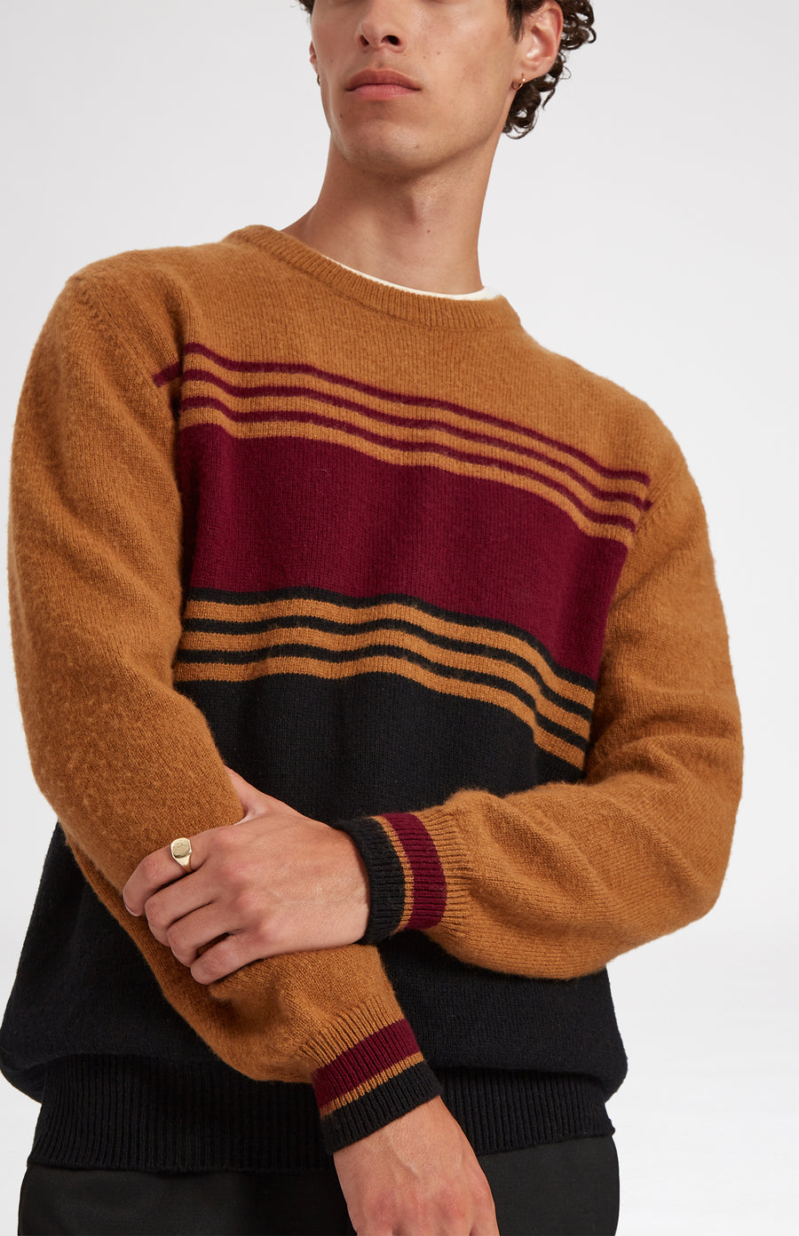 Round Neck Brushed Lambswool Jumper in Vicuna Stripe showing stripe detail- Pringle of Scotland