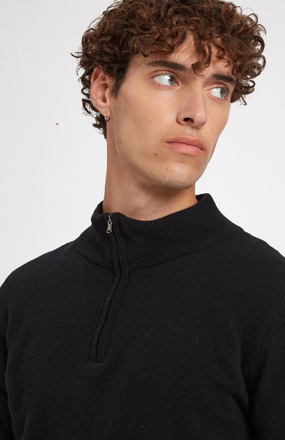 Men's Half Zip Merino Cashmere Jumper in Black showing zip detail - Pringle of Scotland