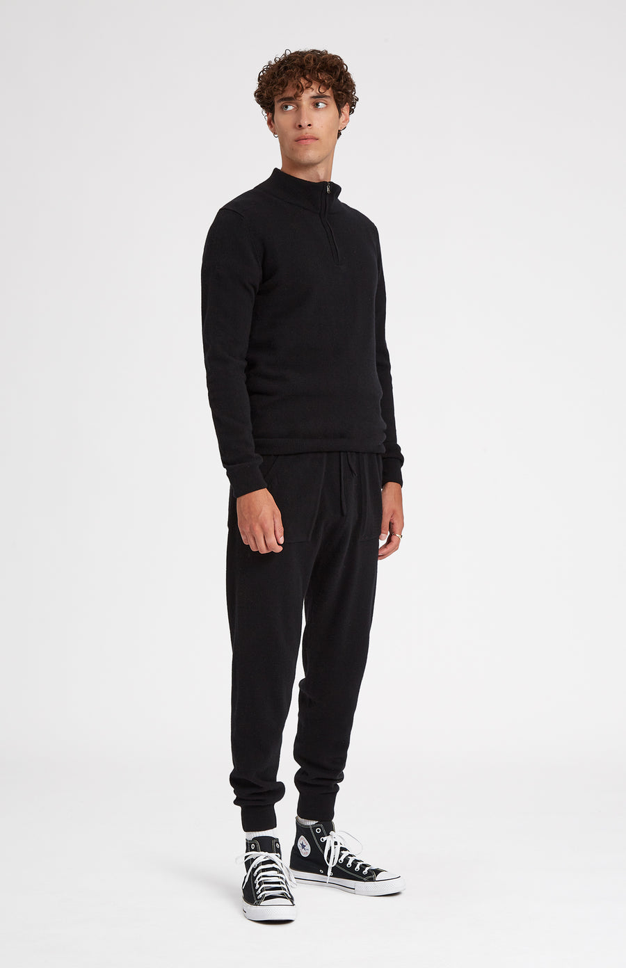 Men's Half Zip Merino Cashmere Jumper in Black on model full length - Pringle of Scotland