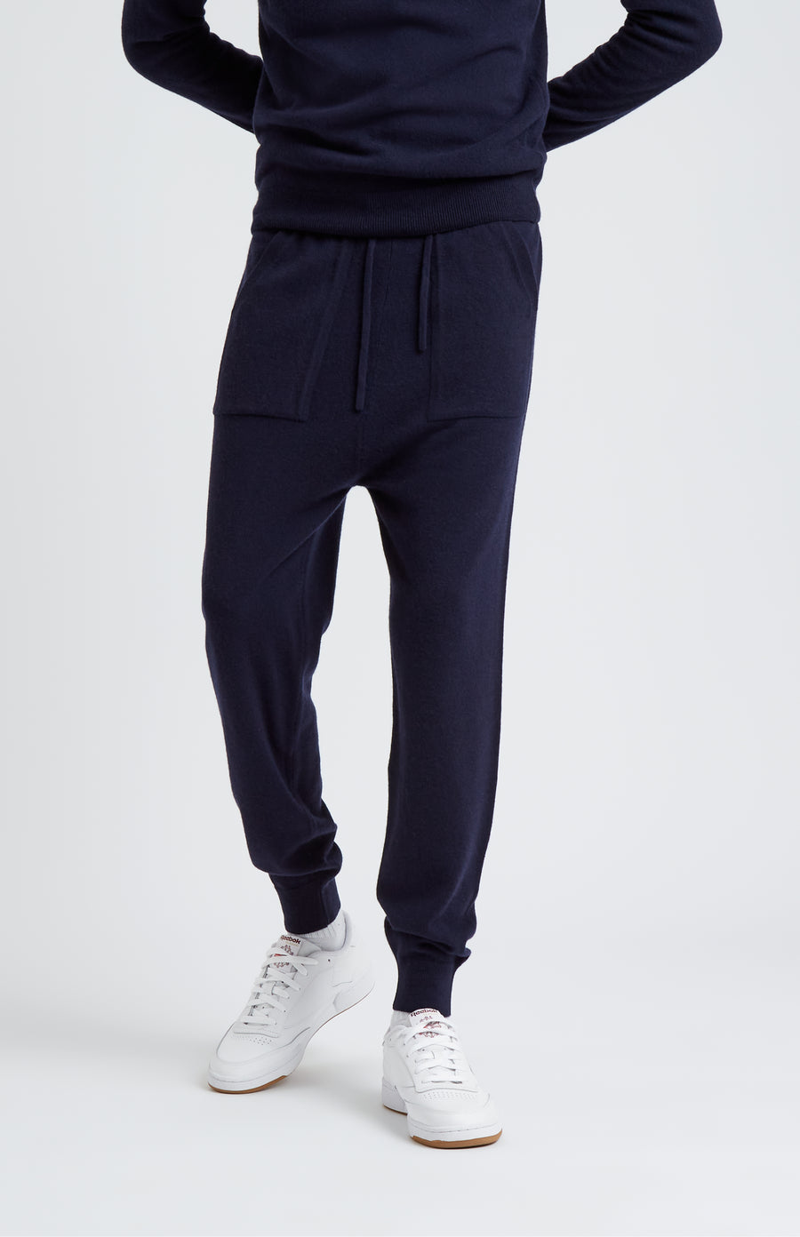 Pringle of Scotland Men's Knitted Merino Cashmere Joggers In Navy on model