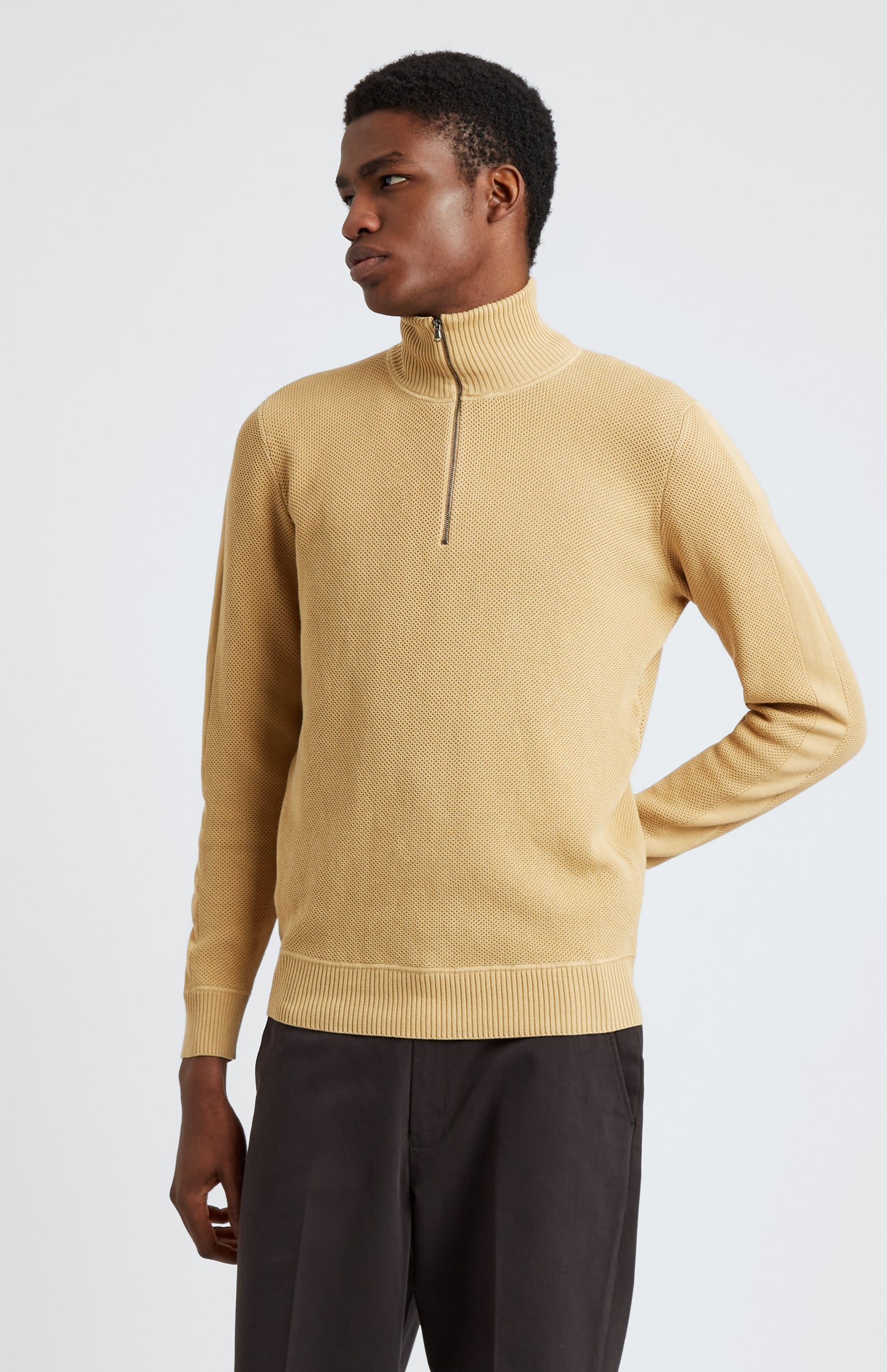 Pringle of Scotland Men's Half Zip Cotton Jumper in Sandstorm on model