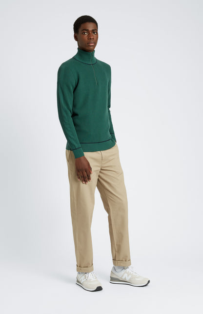 Pringle of Scotland Men's Half Zip Cotton Jumper in Forest Green / Navy on model full length