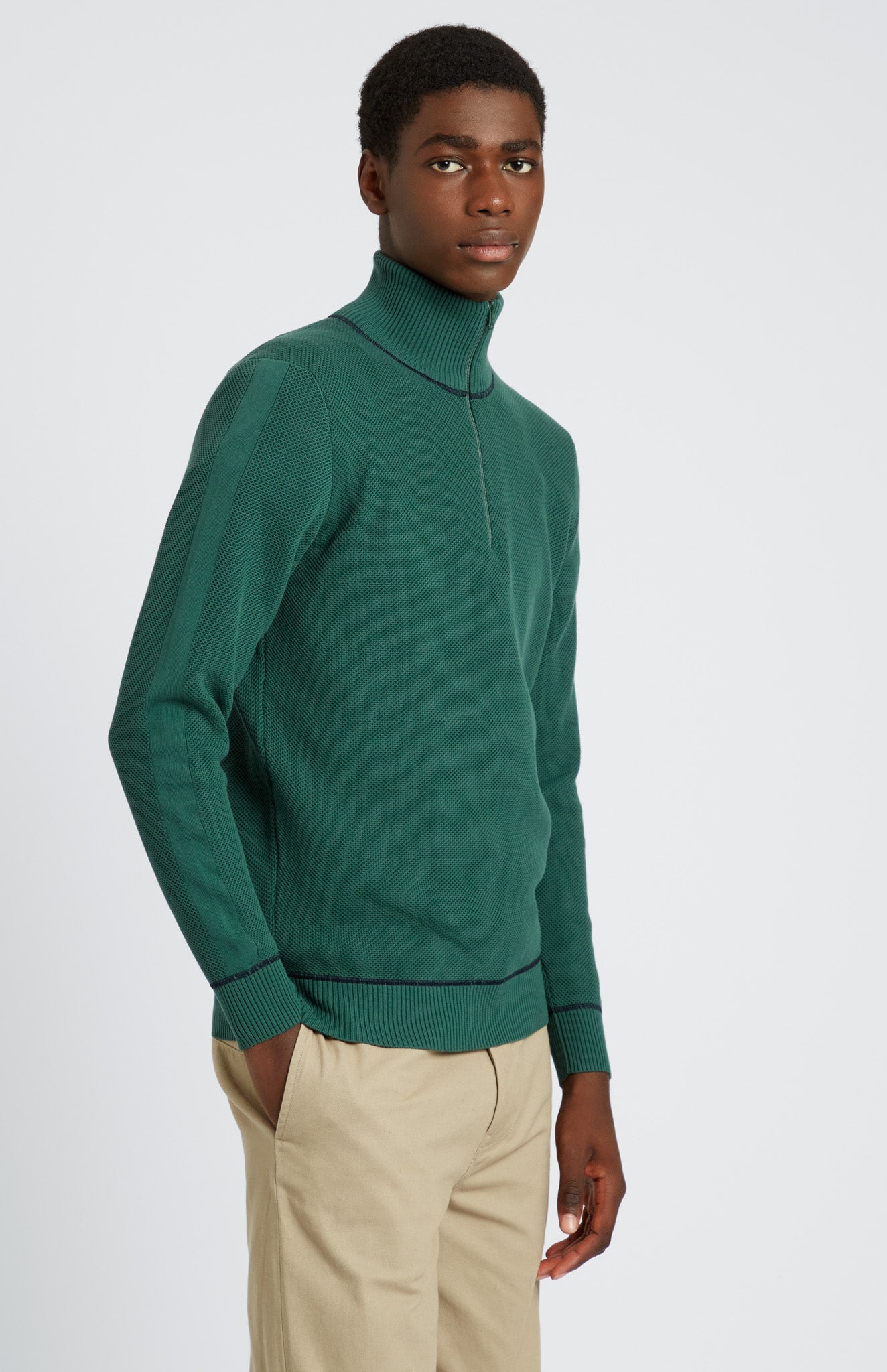 Pringle of Scotland Men's Half Zip Cotton Jumper in Forest Green / Navy on model