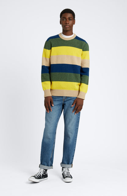 Pringle of Scotland Men's Round Neck Lambswool Jumper in Yellow / Sand Stripe on model