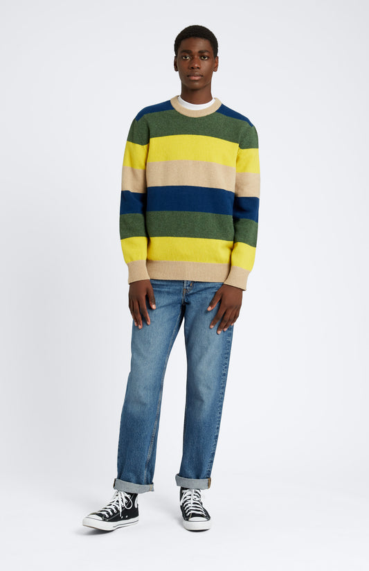 Pringle of Scotland Men's Round Neck Lambswool Jumper in Yellow / Sand Stripe on model