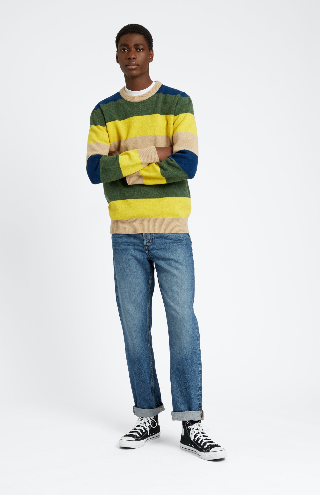 Pringle of Scotland Men's Round Neck Lambswool Jumper in Yellow / Sand Stripe on model full length 