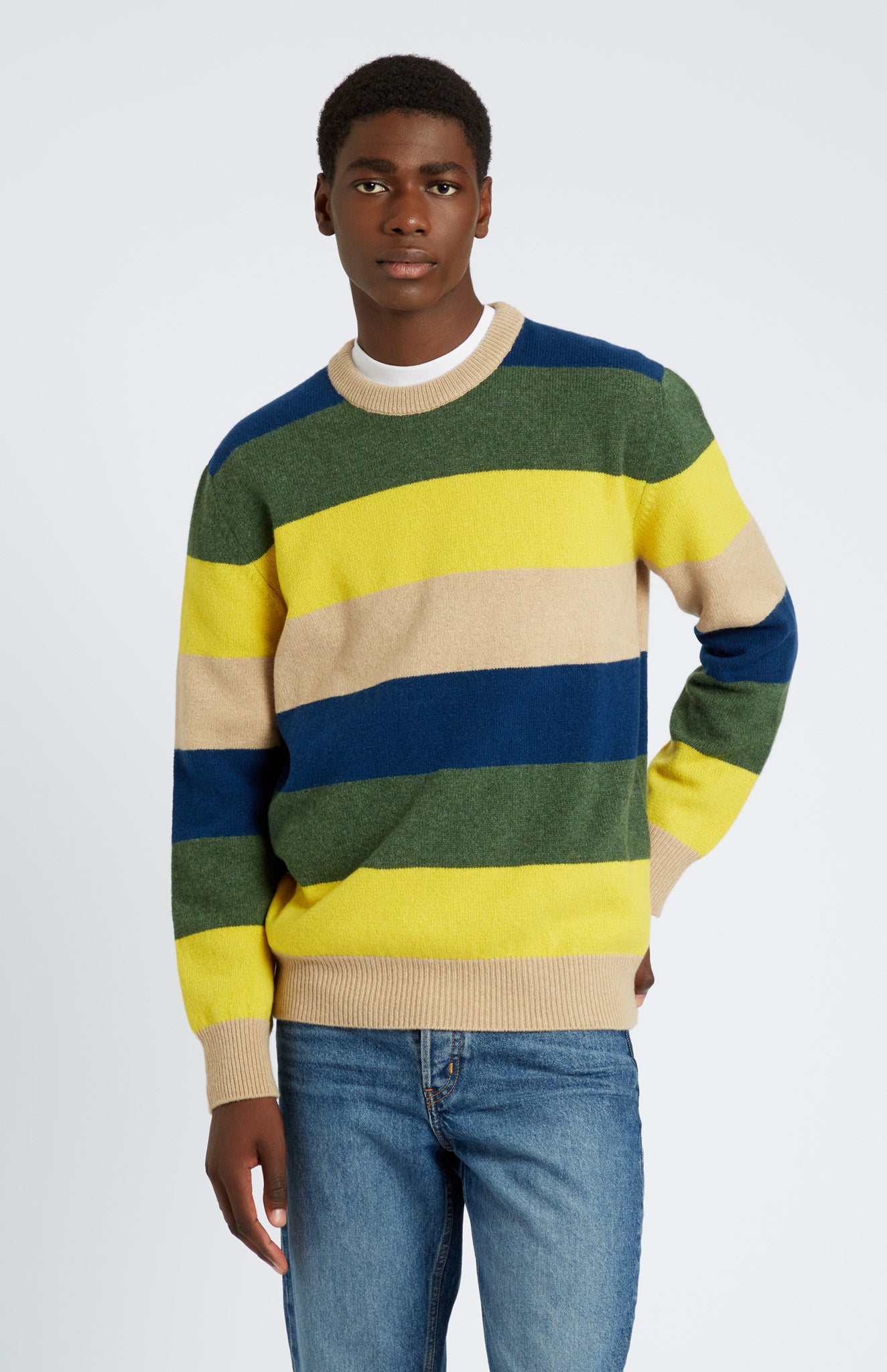 Pringle of Scotland Men's Round Neck Lambswool Jumper in Yellow / Sand Stripe