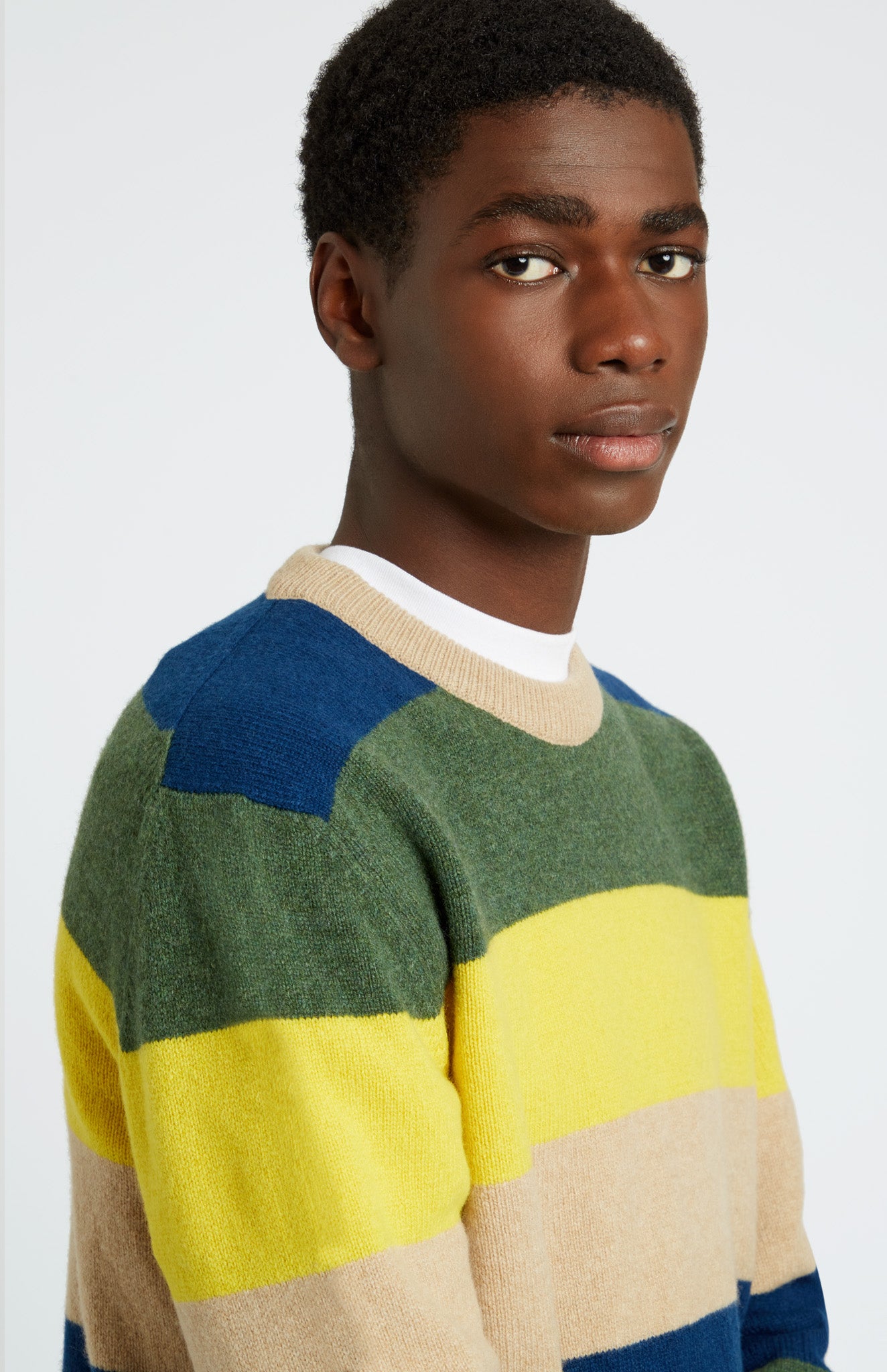 Pringle of Scotland Men's Round Neck Lambswool Jumper in Yellow / Sand Stripe neck detail