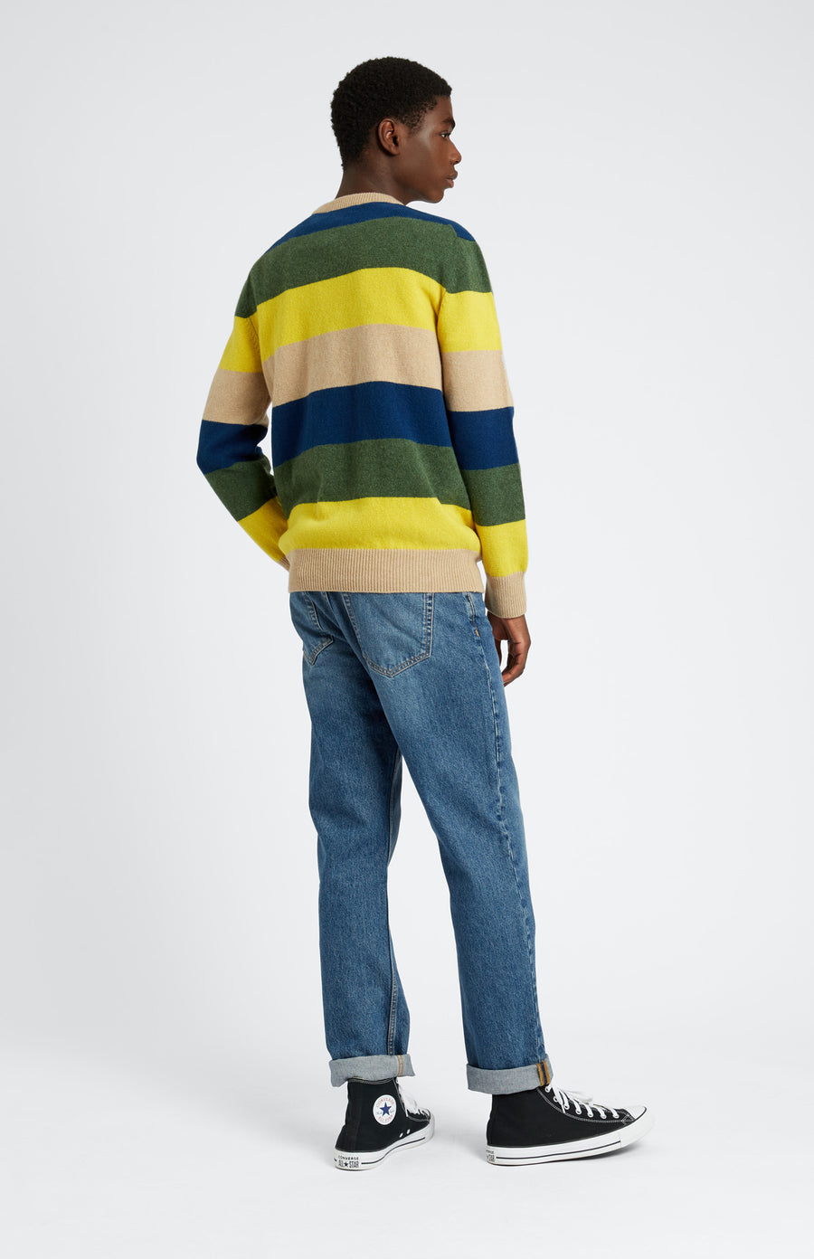 Pringle of Scotland Men's Round Neck Lambswool Jumper in Yellow / Sand Stripe rear view