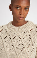 Jumper with allover diamond pattern in Light Oatmeal showing neck detail - Pringle of Scotland