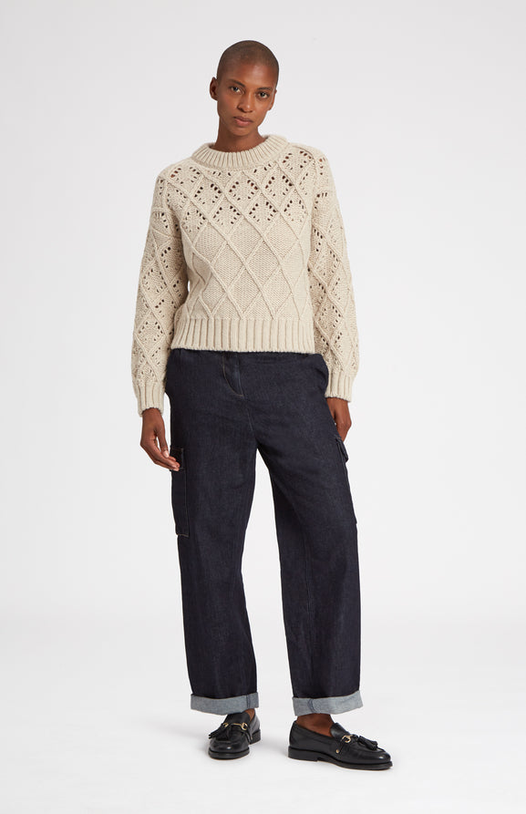 Superfine Wool Jumper With Allover Diamond Pattern In Light Oatmeal