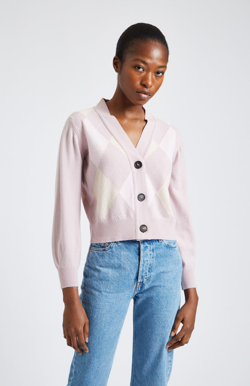 Argyle Cashmere Blend Cardigan in Petal Pink & Rose - Pringle of Scotland