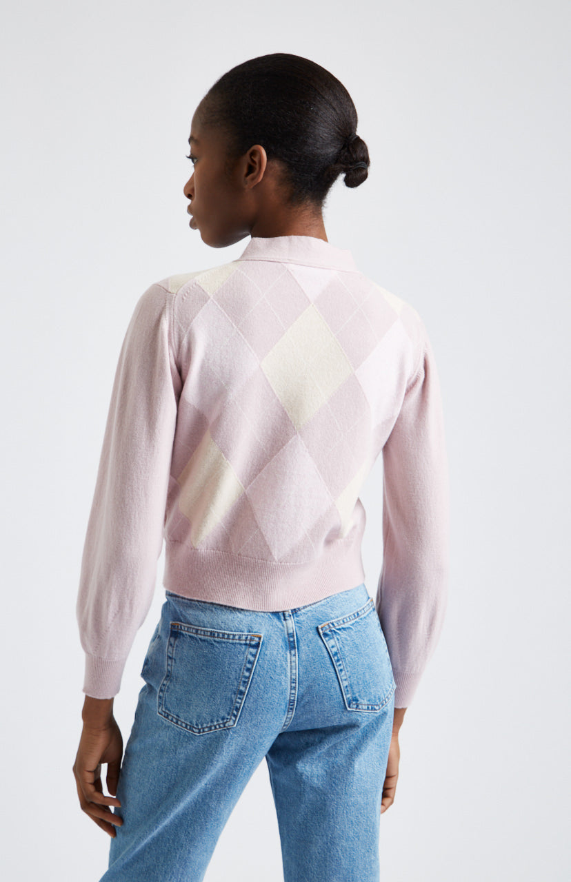 Argyle Cashmere Blend Cardigan in Petal Pink & Rose rear view - Pringle of Scotland