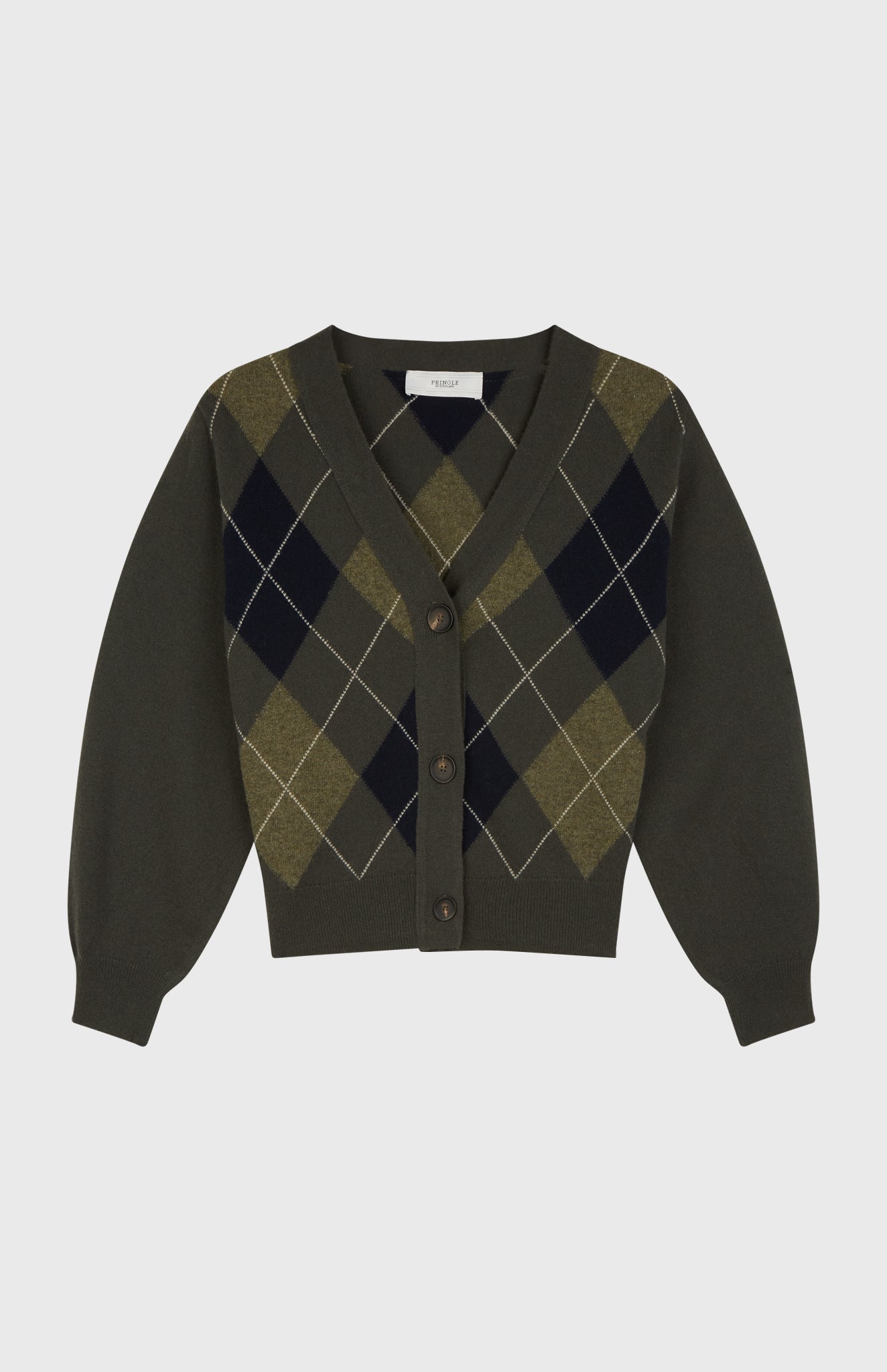 Argyle Cashmere Blend Cardigan in Dark Khaki & Indigo flat shot - Pringle of Scotland