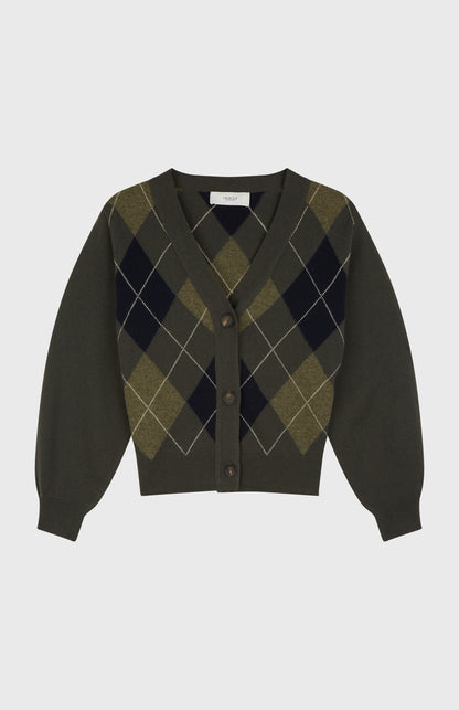 Argyle Cashmere Blend Cardigan in Dark Khaki & Indigo flat shot - Pringle of Scotland