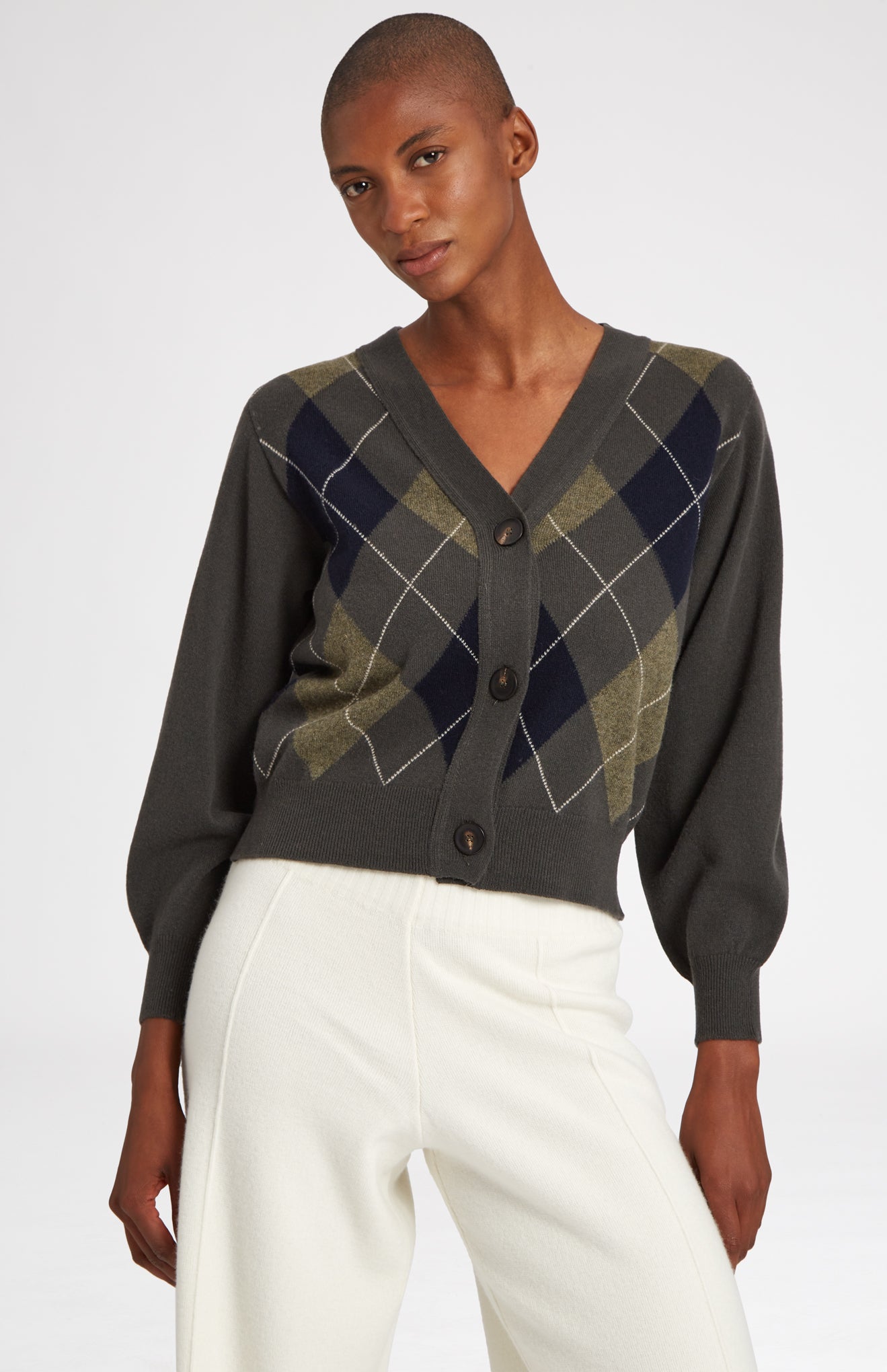 Argyle Cashmere Blend Cardigan in Dark Khaki & Indigo on model - Pringle of Scotland