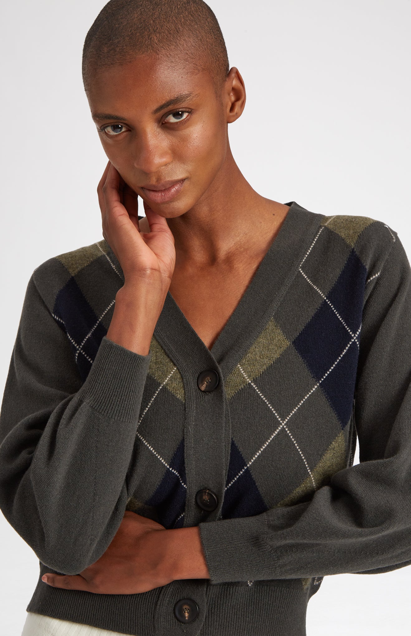 Argyle Cashmere Blend Cardigan in Dark Khaki & Indigo v neck - Pringle of Scotland