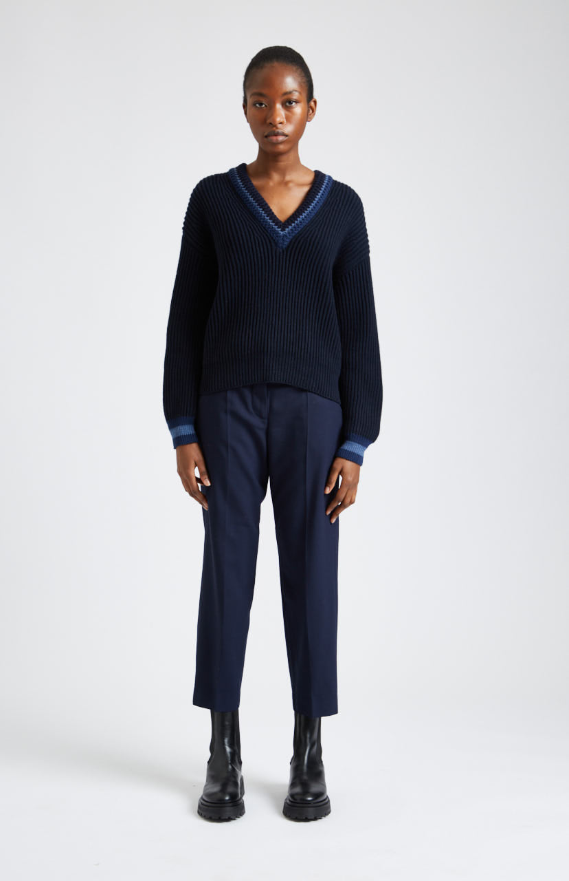 V Neck Chunky Rib Jumper in Indigo on model - Pringle of Scotland