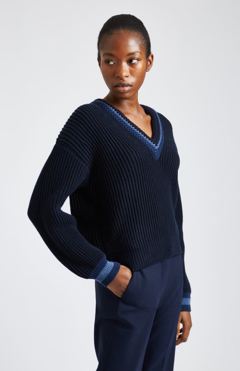 V Neck Chunky Rib Jumper in Indigo side view - Pringle of Scotland