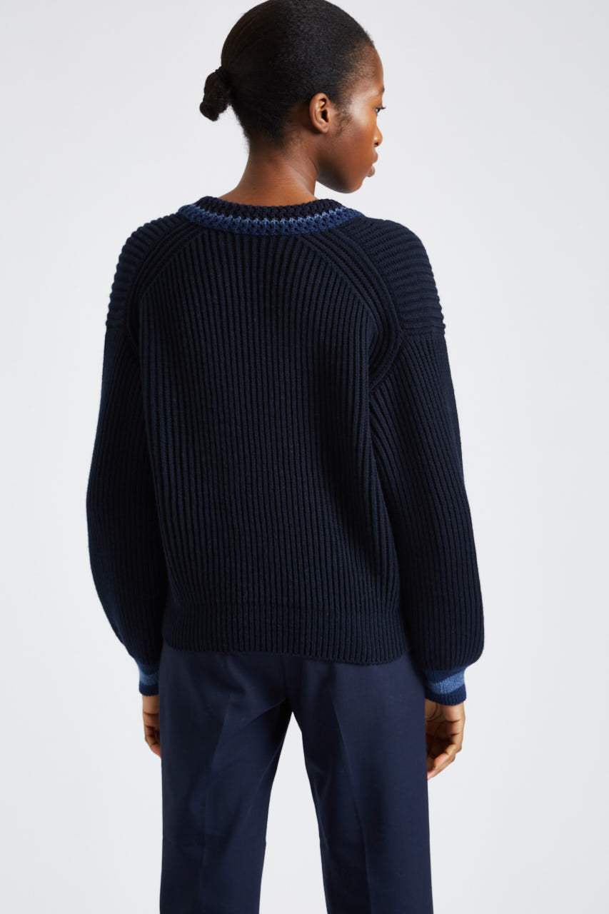 V Neck Chunky Rib Jumper in Indigo rear view - Pringle of Scotland