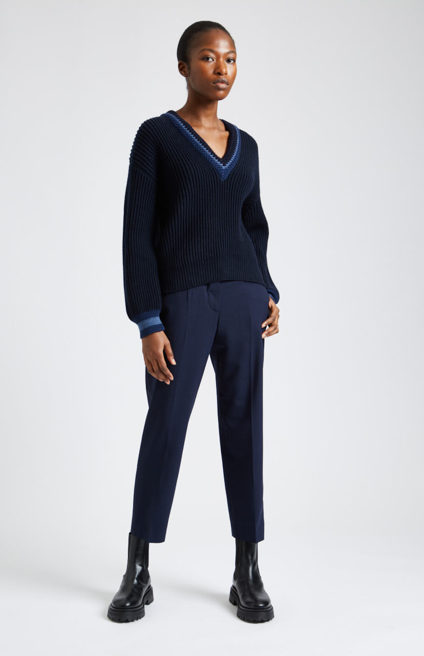 V Neck Chunky Rib Jumper in Indigo full length - Pringle of Scotland