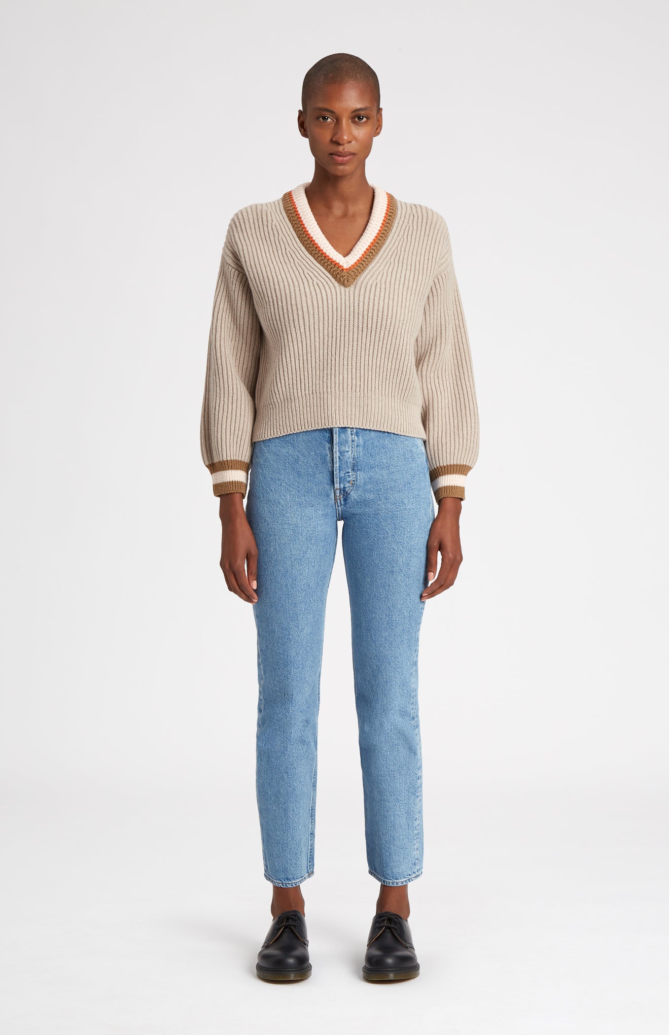 V Neck Chunky Rib Jumper in Stone Melange - Pringle of Scotland