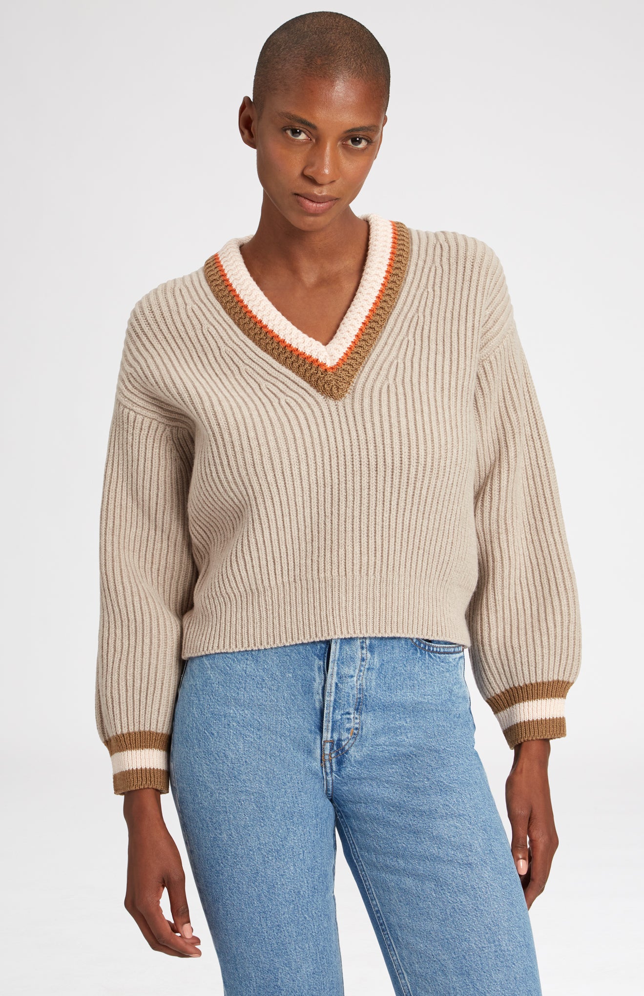 V Neck Chunky Rib Jumper in Stone Melange on model  - Pringle of Scotland