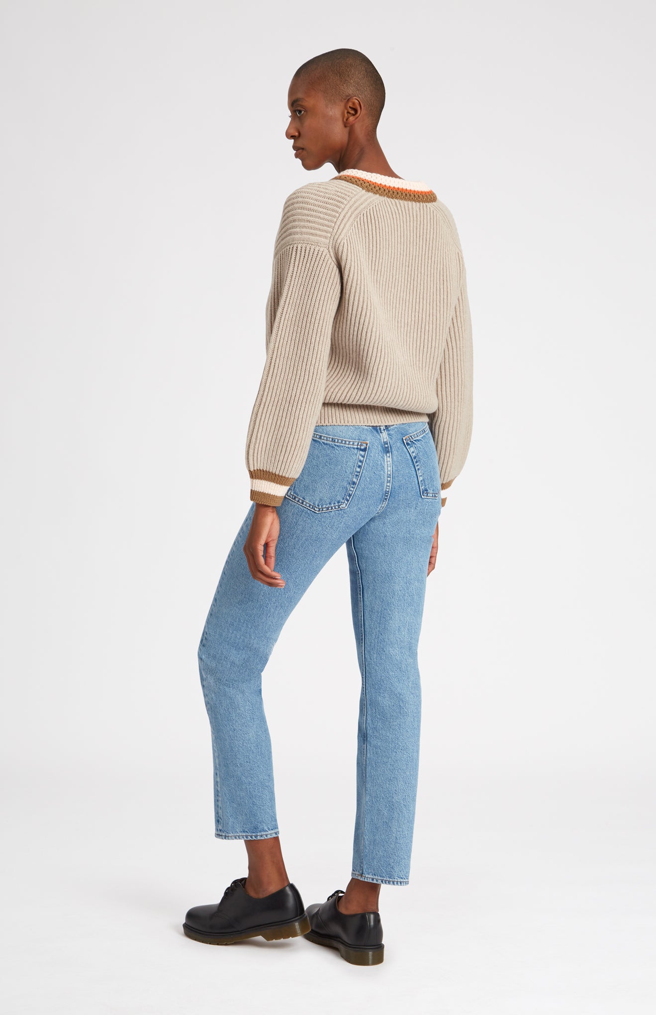 V Neck Chunky Rib Jumper in Stone Melange rear view - Pringle of Scotland