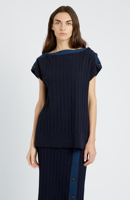 Pringle of Scotland Sleeveless Merino Jumper with Broad Rib in Navy