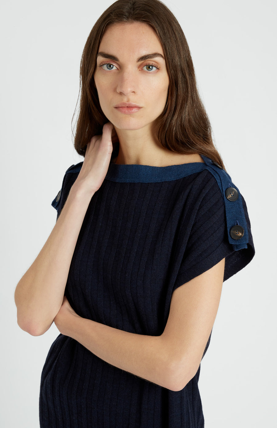 Pringle of Scotland Sleeveless Merino Jumper with Broad Rib in Navy showing sleeve button detail
