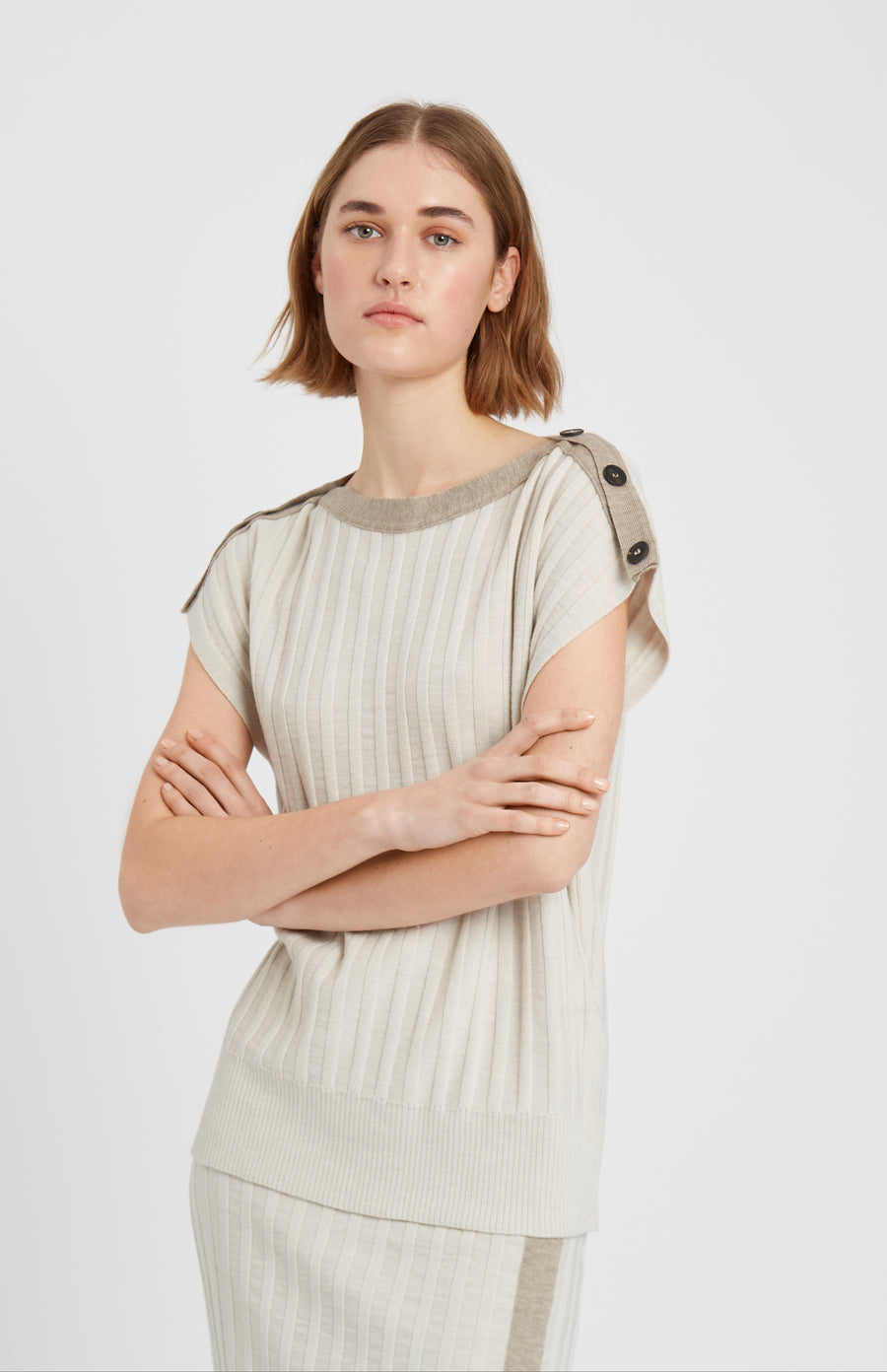 Pringle of Scotland Sleeveless Merino Jumper with Broad Rib in Natural showing neck detail