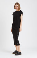 Pringle of Scotland Women's Long Ribbed Merino Skirt In Black on model with matching jumper