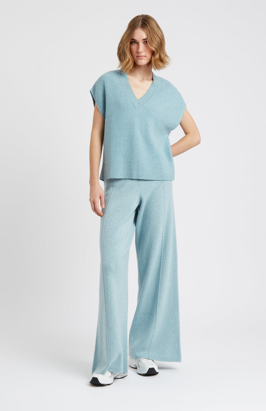 Pringle of Scotland V Neck Sleeveless cashmere blend jumper in Aqua with matching wide leg trouser