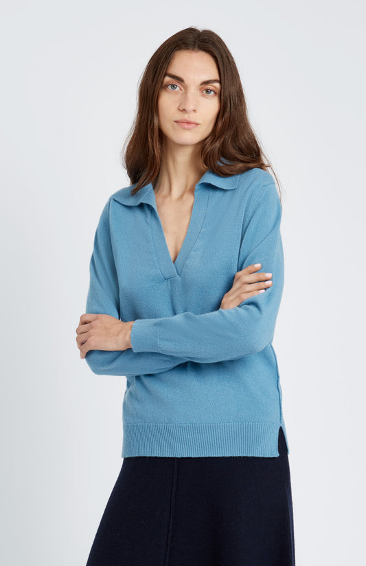 Women's Polo-style Cashmere Jumper In Blue Smoke neck detail - Pringle of Scotland