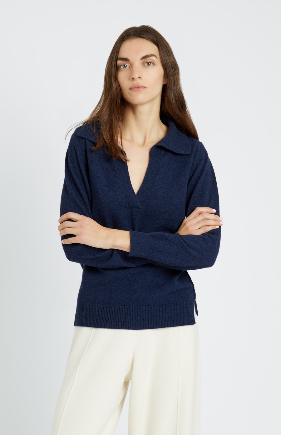 Women's Polo-style Cashmere Jumper In Inkwell on model - Pringle of Scotland