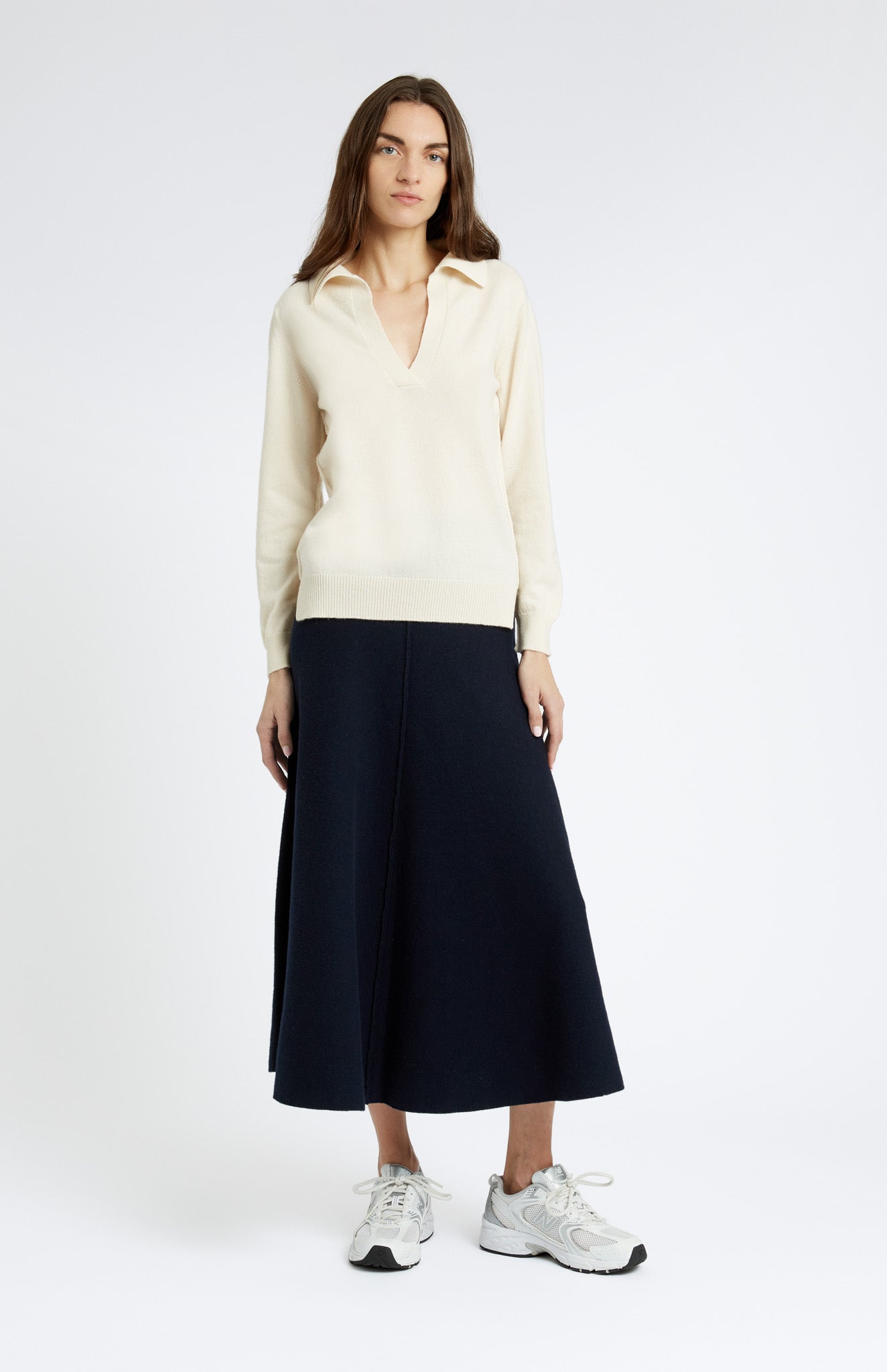 Women's Polo-style Cashmere Jumper In Vanilla Cream on model full length - Pringle of Scotland