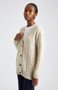 Wome's Superfine Wool Cardigan with Cable detail in Light Oatmeal side view - Pringle of Scotland