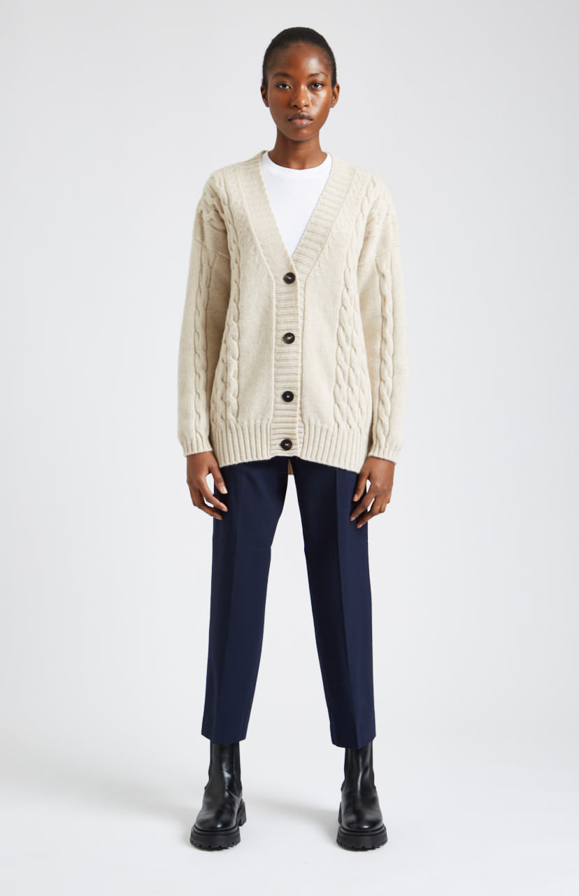 Women's Superfine Wool Cardigan with Cable detail in Light Oatmeal on model - Pringle of Scotland