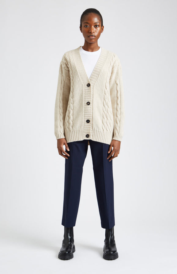 Superfine Wool Cardigan With Cable Detail In Light Oatmeal