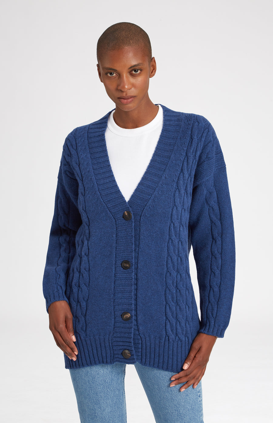 Superfine Wool Cardigan with Cable detail in Storm Blue - Pringle of Scotland